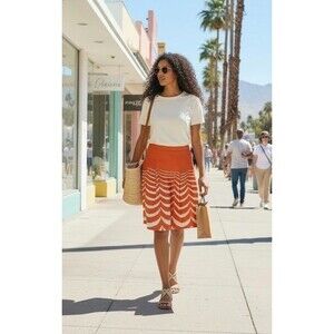 Orange Wave Print Boden A-Line Skirt Pleated Cotton Lined Riviera Mod Retro 12